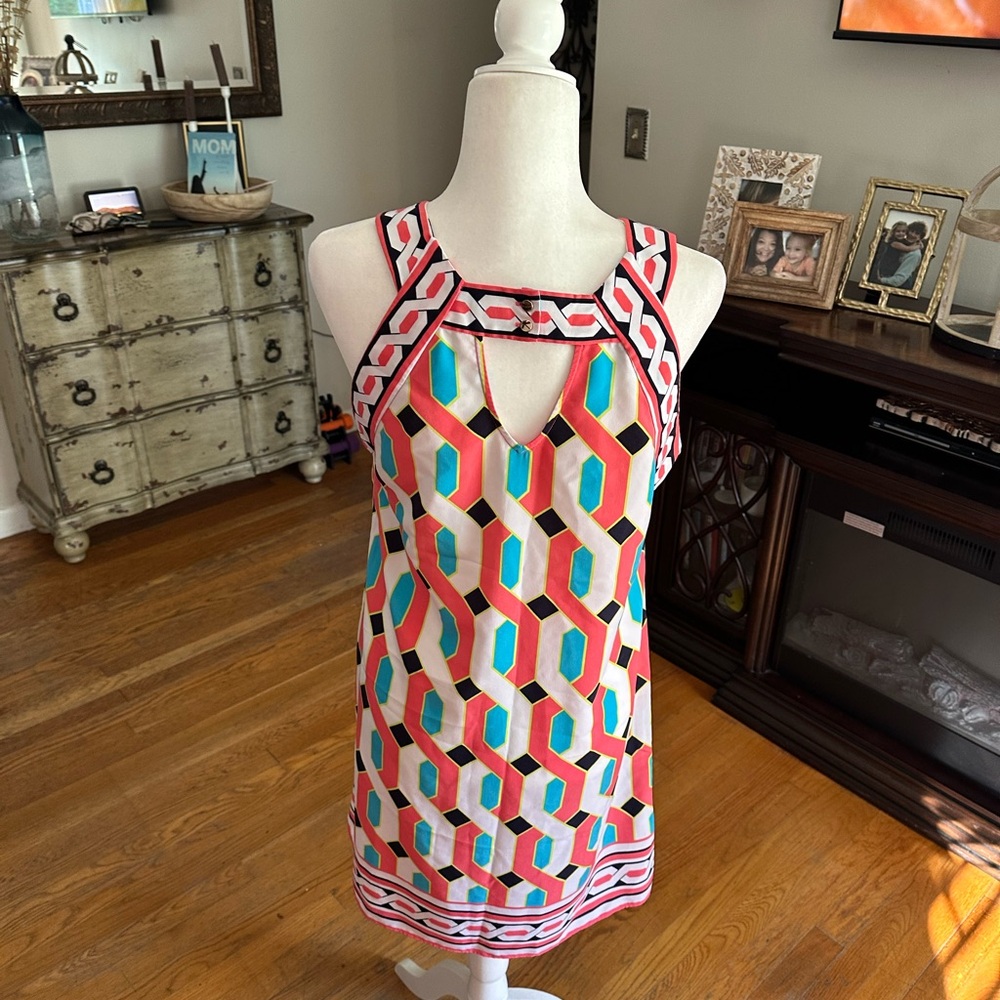 Crown & Ivy Geometric Print Midi Dress - Red, Blue, White